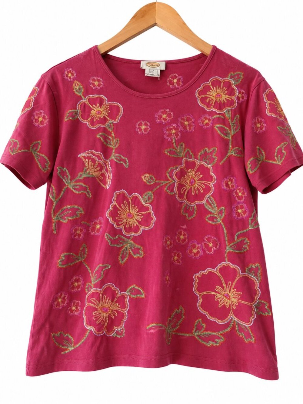 Talbots Pink Multicolor Floral Embroidered 100% Cotton Short Sleeve Tee L